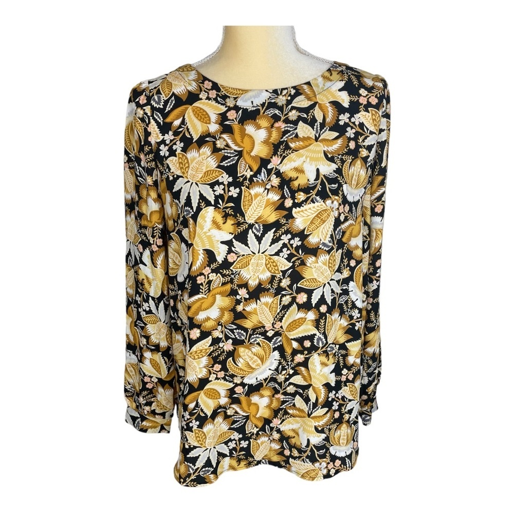 LOFT Black and Gold Floral Blouse Long Sleeve Size Small